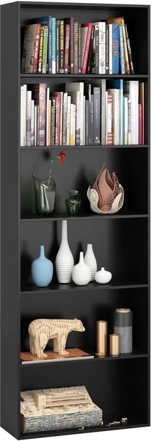 Corenia Boekenkast Kast Boekenkasten Boekenrek Hoge Kasten 180 cm Display Rek 6-Tier Houten Opbergkast voor Woonkamer Opbergsysteem Zwart