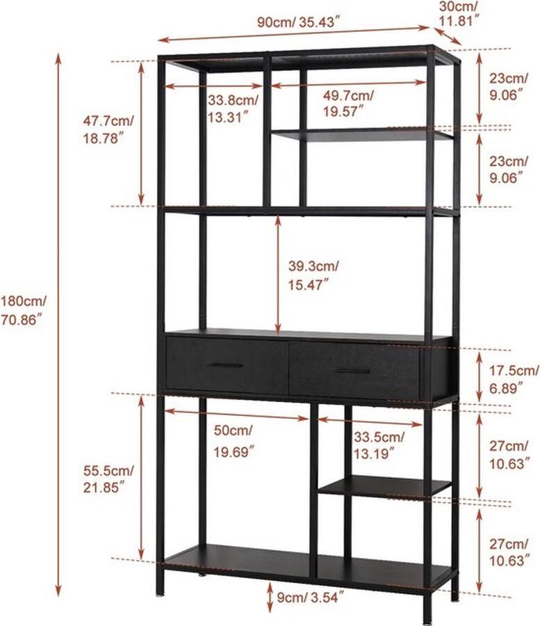Boekenkast Kast Opslag Kast 2 Lades 8 Niveau's 90x30x180 cm Zwart