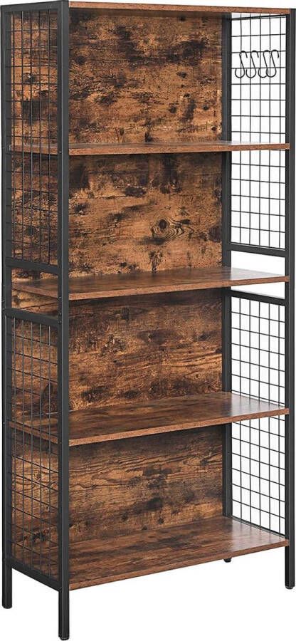 Boekenkast keukenrek staand rek met 4 planken inclusief 4 S-haken voor kantoor woonkamer thuiskantoor stabiel stalen frame industrieel design vintage bruin-zwart