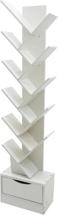 Boekenkast Kind Boekenrek – Boekenplanken 12 Laags – Boekenstandaard Kinderkamer – Inclusief Lade 140x34x20 Cm Hout Wit