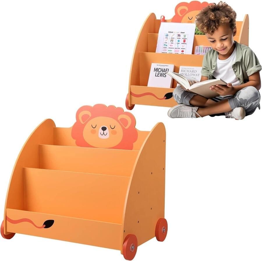 Boekenkast kind met wieltjes Houten boekenrek voor de kinderkamer met 3 vakken 60 x 58 x 40 cm Organizer voor boeken en speelgoed oranje