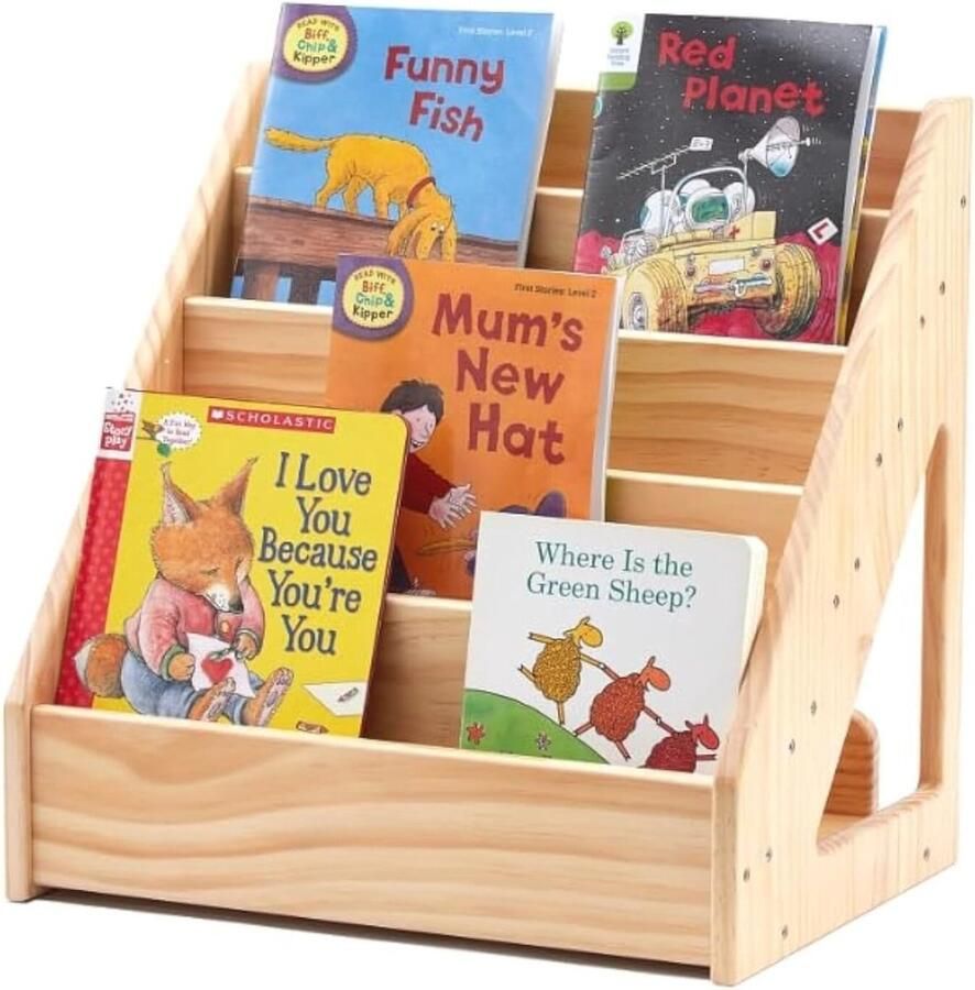 Boekenkast kinderen 1-5 jaar handvat kantelbeveiliging grenenhout kinderboekenrek klaslokalen CE CPC getest Boekenkast kind