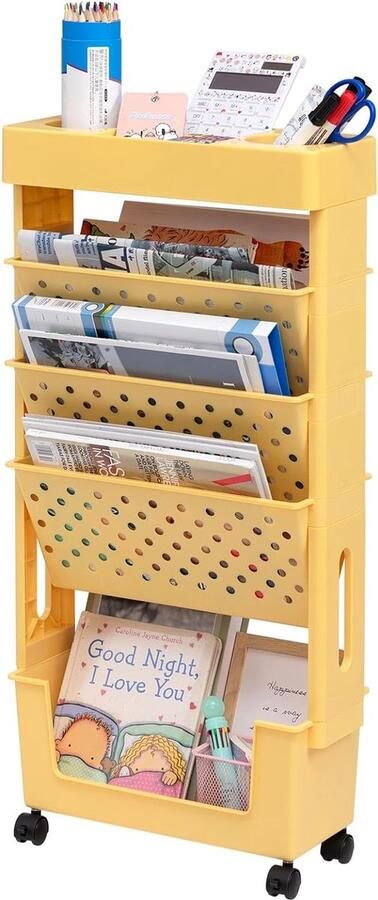 Boekenkast kleine opbergwagen 5 verdiepingen opbergwagen met wielen rolwagen opbergrek voor keuken bibliotheek slaapkamer kantoor geel