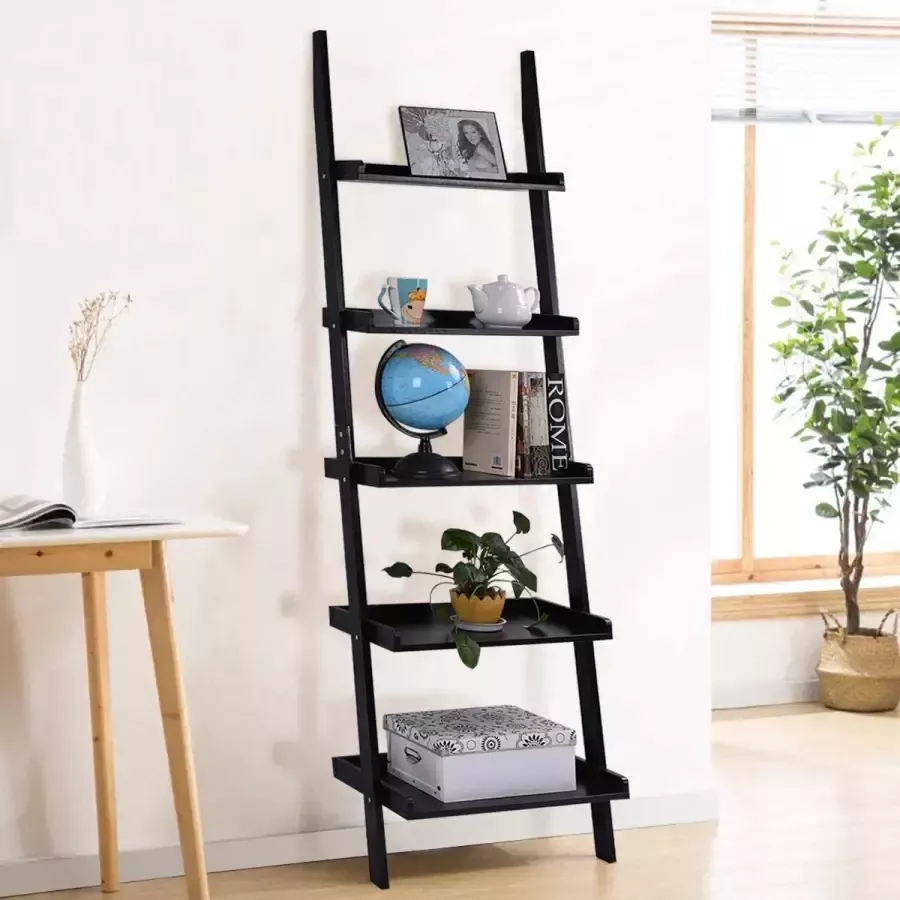 boekenkast Ladder plank 5 laags muur-Leunende boekenplank Ladder boekenkast eenvoudige moderne houten opslag weergeven plank voor thuis woonkamer keuken en kantoor Multifunctionele Plant Bloem Standplank (Zwart)