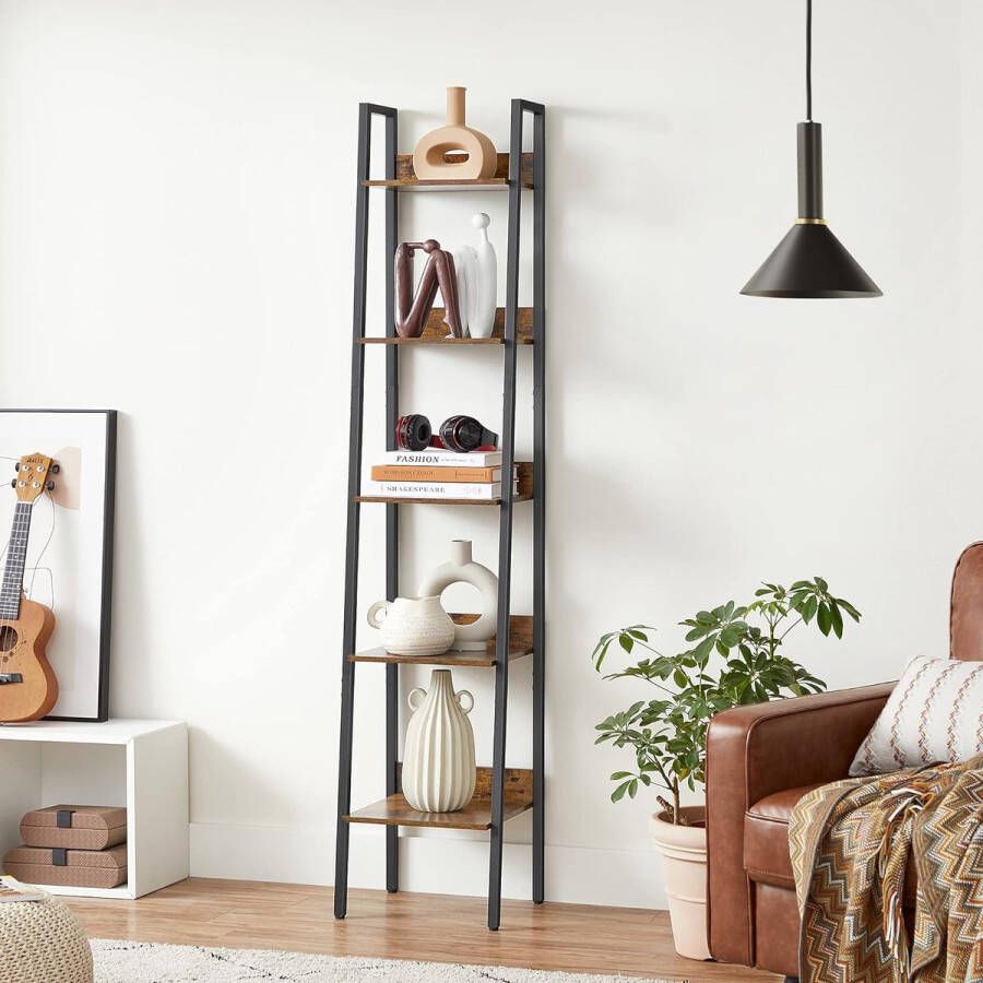 Boekenkast ladder plank met 5 planken open vloer plank smal voor woonkamer slaapkamer keuken kantoor metalen frame industrieel ontwerp vintage bruin-zwart