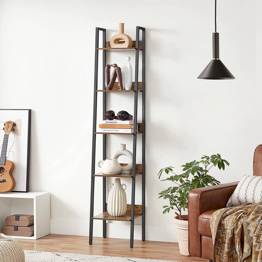 ZAZA Home Boekenkast Ladder Plank Met 5 Planken Open Vloer Plank Smal Voor Woonkamer Slaapkamer Keuken Kantoor Metalen Frame İndustrieel Ontwerp Vintage Bruin-Zwart