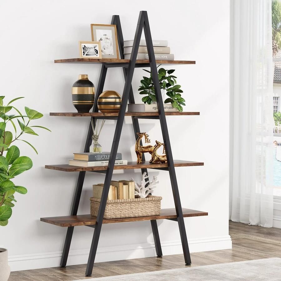Bloominggoods Bloomingoods Boekenkast Ladderkast Boekenkast 4 Lagen kast A-Vorm Wandkast Industrieel Metaal Hout 36x14x65cm
