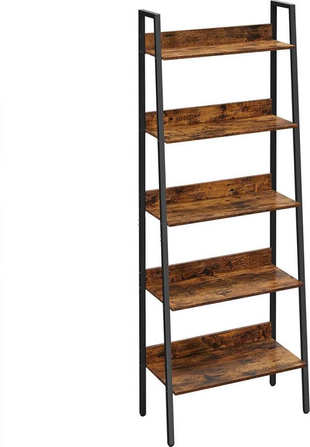 boekenkast ladderplank met 5 planken open staande plank smal voor woonkamer slaapkamer keuken kantoor metalen frame industrieel design vintage bruin-zwart LLS067B01
