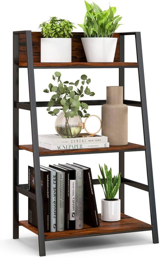 Boekenkast ladderrek met 3 niveaus houten opbergrek met metalen frame vrijstaand rek met kantelbeveiliging staand rek voor kantoor woonkamer en thuiskantoor vintage (bruin-zwart)