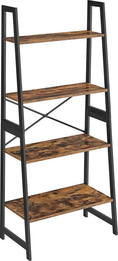 Boekenkast ladderrek staand rek met 4 niveaus frame van bamboe eenvoudige montage voor woonkamer slaapkamer keuken vintage bruin-zwart