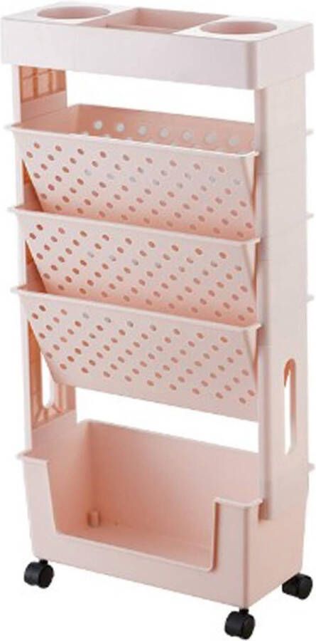 Boekenkast meerdere lagen draaibaar afneembaar praktische organizer op wieltjes van kunststof met grote capaciteit beweegbaar boekenkast roze