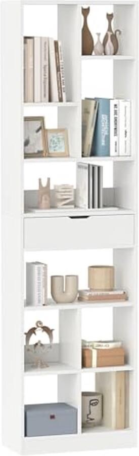 Boekenkast met 10 Open Vakken en Lade Vrijstaand Houten Rek voor Woonkamer en Slaapkamer