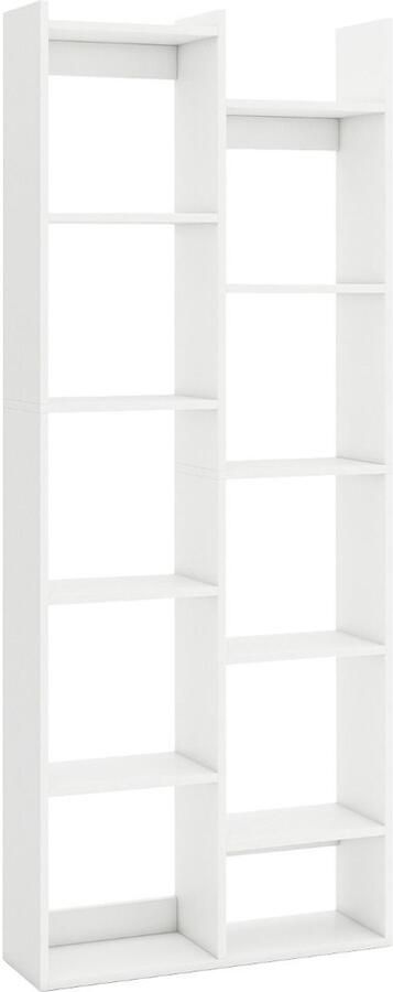 Boekenkast met 12 Niveaus – Boomvormige Organizer met Houten Planken en Anti-kantelbeveiliging Wit