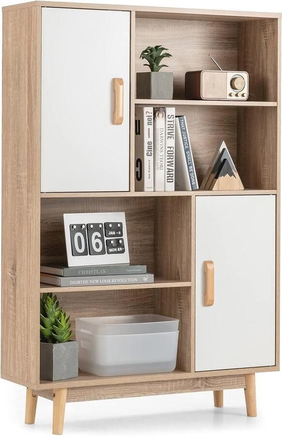 Boekenkast met 2 deuren en 4 open planken Elegante opbergruimte voor woonkamer en werkkamer