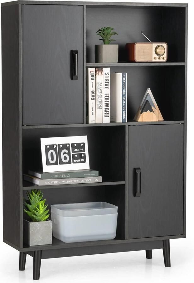 Boekenkast met 2 deuren en 4 open planken Modern Houten Rek voor Woonkamer en Werkkamer