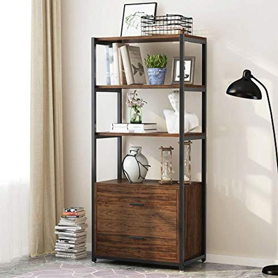 Boekenkast met 2 Laden Vintage Industriële Etagere Standaard Boekenplank Rustieke Organizer voor Thuis en Kantoor