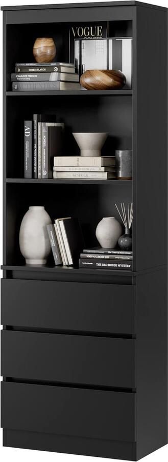 Boekenkast met 3 laden en 3 legplanken 180 cm hoog multifunctionele houten kast in zwart