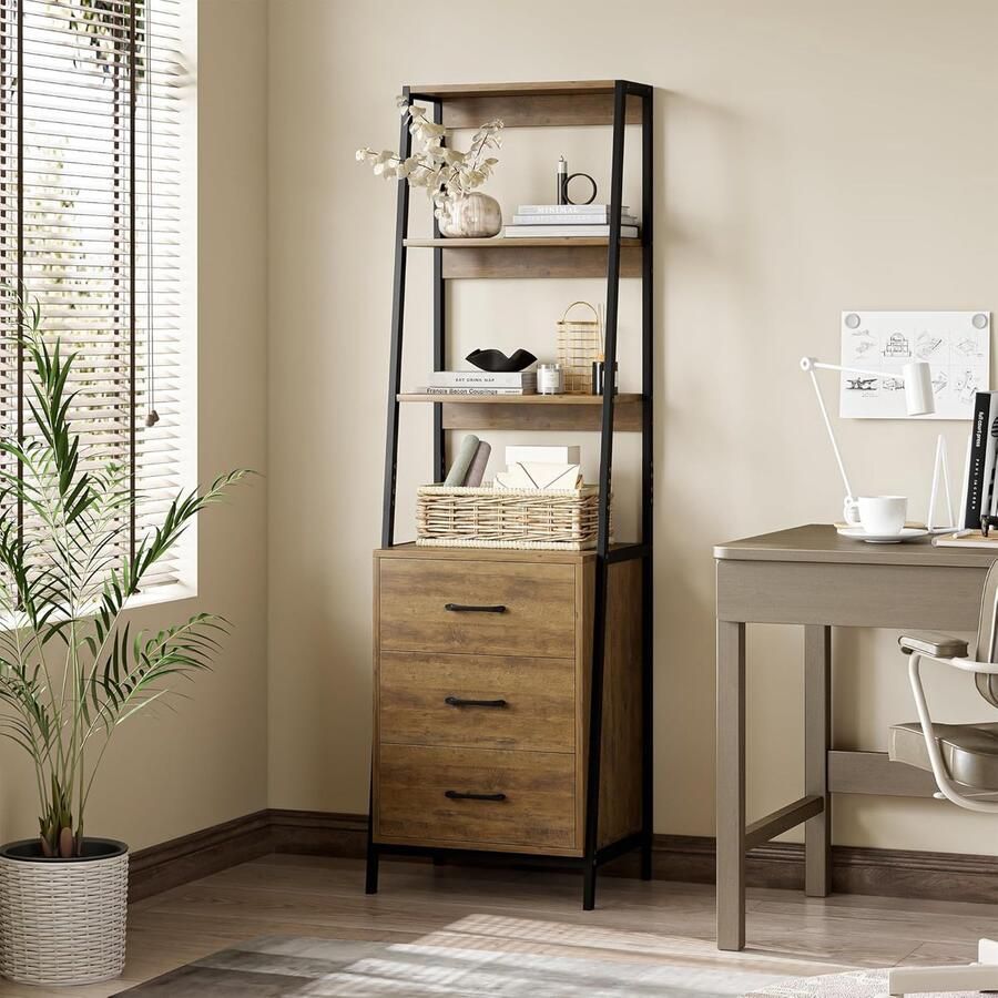 Boekenkast met 3 Niveaus en Laden Stabiliteit en Veiligheid Houten en Metalen Rek voor Woonkamer Kantoor en Slaapkamer