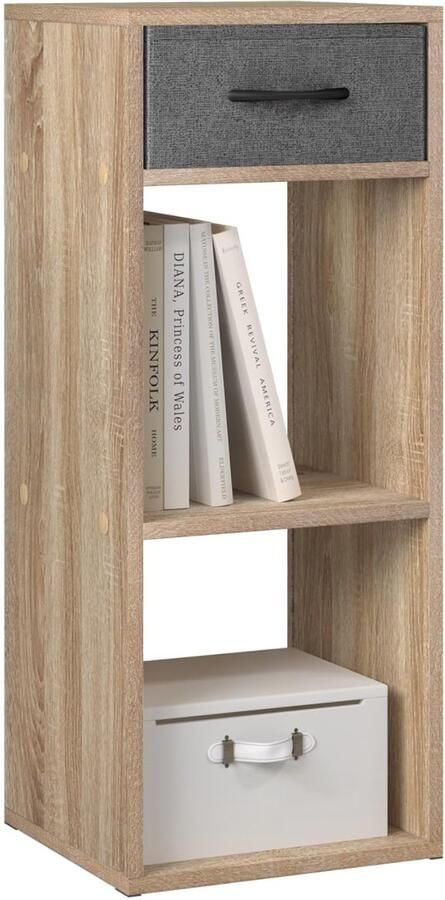 Boekenkast met 3 niveaus staand rek met 1 stoffen lade 2 kubussen open plank opbergshelf klein voor woonkamer slaapkamer kinderkamer 32 4 x 80 x 30 cm Licht Eiken