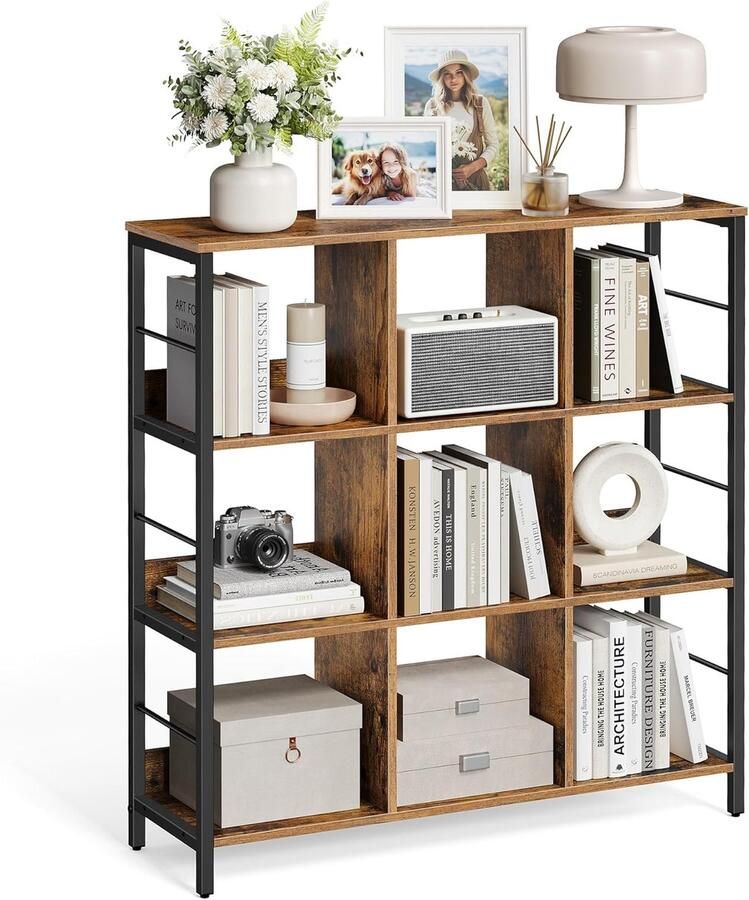 Boekenkast met 3 verdiepingen Opbergplank met 9 vakken voor woonkamer studeerkamer hal en keuken (100 x 30 x 103 1 cm)