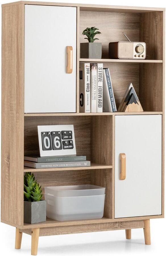 Boekenkast met 4 Niveaus – 80x24x119 5 cm Opbergmeubel met Deuren Planken en Anti-Tipsysteem wit