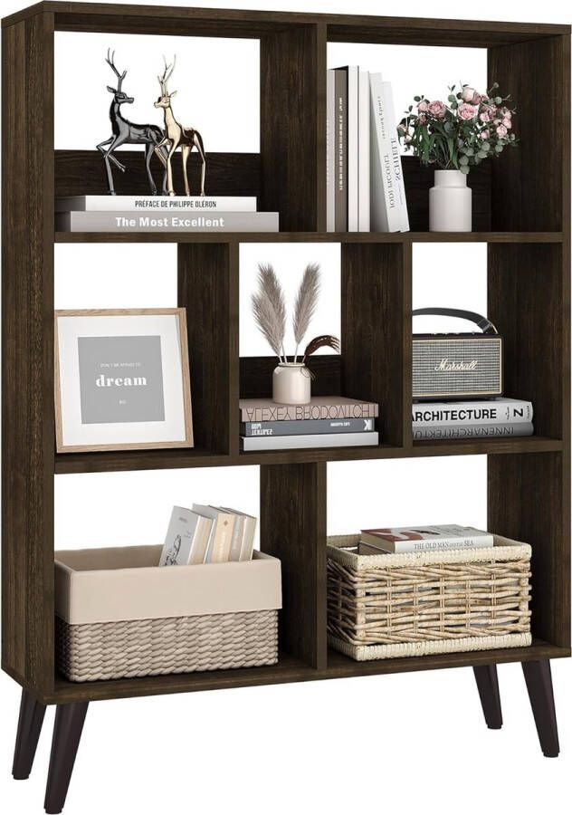 Boekenkast met 4 niveaus hout 7 kubus-opberg-organizer middencentury retro planken staande planken voor woonkamer slaapkamer of werkkamer 24 x 81 x 110 cm bruin
