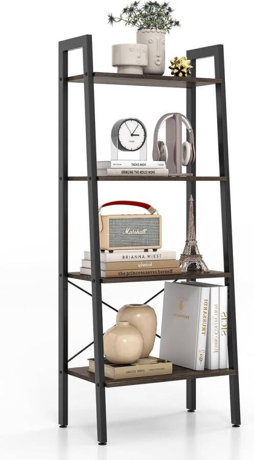 Boekenkast met 4 niveaus ladderrek met metalen frame opbergrek met kantelbeveiligingen en verstelbare voetkussens ideaal voor thuis en op kantoor (grijs eiken)
