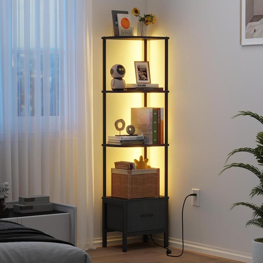 Retadou Boekenkast met 4 niveaus rek met ledverlichting en stoffen lade 147 cm smalle vitrine voor hoeken woonkamer slaapkamer hoekplank zwart