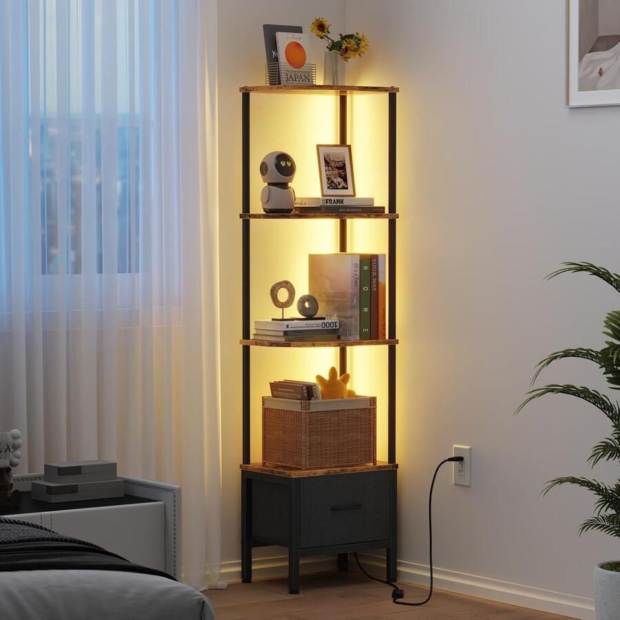 Retadou Boekenkast met 4 niveaus rek met ledverlichting en stoffen lade 147 cm smalle vitrine voor hoeken woonkamer slaapkamer hoekplank retrobruin