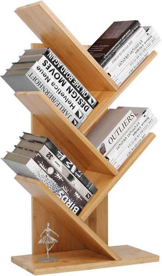 Boekenkast met 4 niveaus ruimteverdeler staande plank voor presentatie boomvorm ruimteverdeler staand rek kantoorplank staande plank cd-rek van hout voor woonkamer 64 5 x 37 x 16 cm bamboe