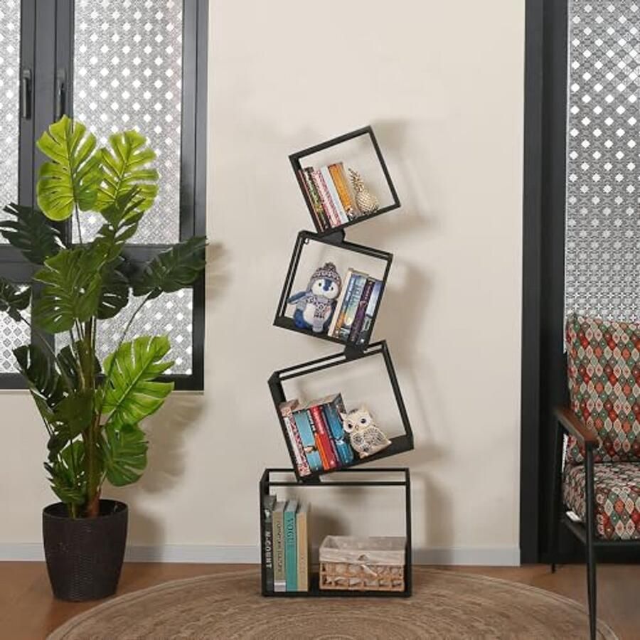 Boekenkast met 4 Niveaus Zwart Staand Rek voor Woonkamer Slaapkamer en Kinderkamer Eenvoudige Montage