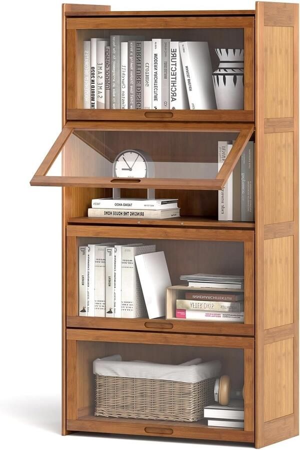 Boekenkast met 4 vakken 69 x 34 x 140 cm Vitrinekast van bamboe en acryl vrijstaande plank voor boeken mappen en decoraties plank met deuren (bruin)