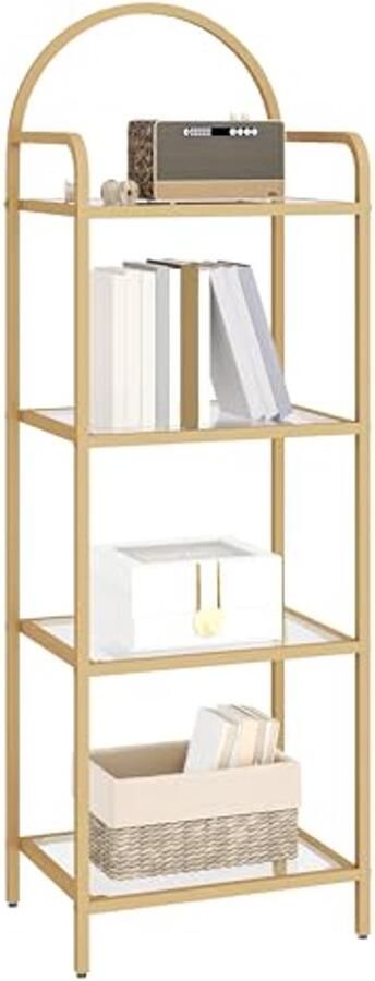 Boekenkast met 4 Verdiepingen van Gehard Glas en Stalen Frame voor Slaapkamer Badkamer en Thuiskantoor Gouden Kleur