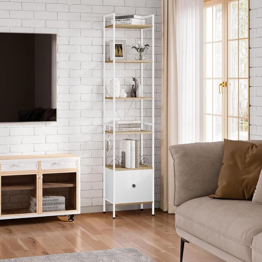 Boekenkast met 5 etages hoekplank smalle boekenkast met 1 lade moderne stijl stalen frame voor woonkamer kantoor werkkamer slaapkamer licht eiken + wit