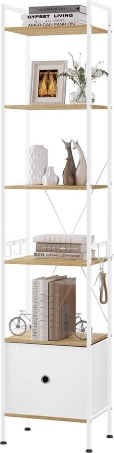 Boekenkast met 5 etages hoekplank smalle boekenkast met 1 lade moderne stijl stalen frame voor woonkamer kantoor werkkamer slaapkamer licht eiken + wit