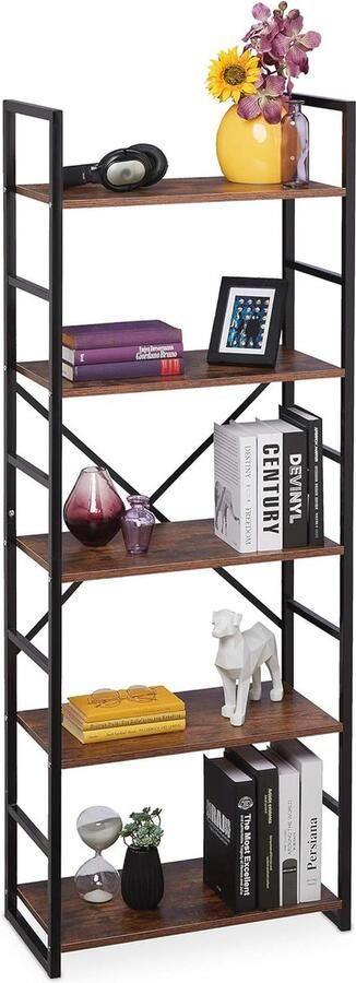 Boekenkast met 5 etages industrieel design modern boekenrek in bruin en zwart