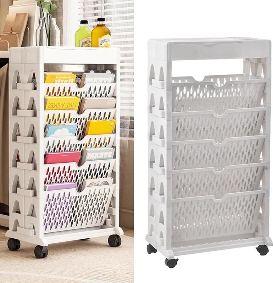 Kinderen Boekenkast 5 Lagen Beweegbaar Boekenplank Wielen Boekenorganizer Boekenrek Woonkamer Werkkamer Kinderkamer 37 x 19 x 735 cm