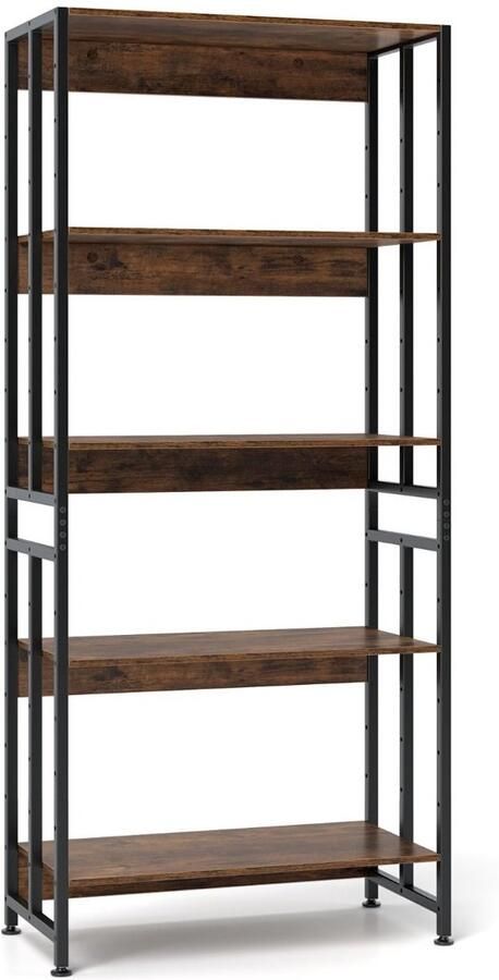 Boekenkast met 5 Niveaus – 157 cm Hoog Verstelbare en Kantelbare Planken Industrieel Rustiek Bruin
