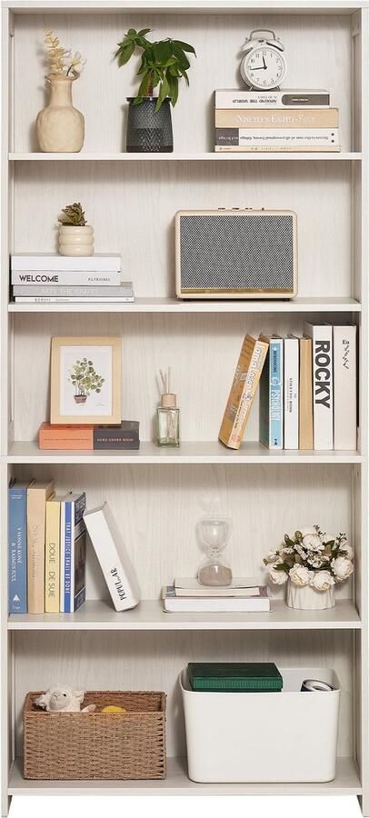 Boekenkast met 5 Niveaus 68 inch Open Houten Boekenkast met Opberg- en Organizervak Ideaal voor Bibliotheek Slaapkamer Vrijstaand Wit