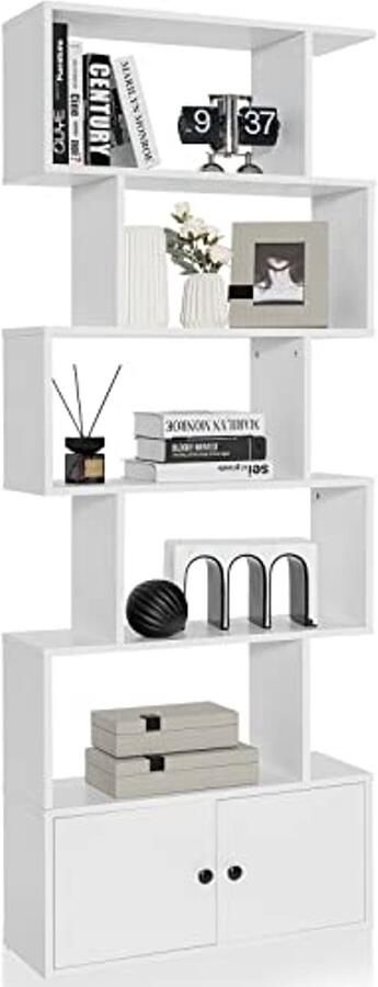 Boekenkast met 5 Niveaus en 2 Deuren Ruimteverdeler voor Woonkamer Slaapkamer en Kantoor 70 x 23 x 183 cm Wit