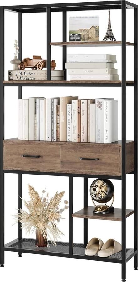 Boekenkast met 5 niveaus en 2 laden Vrijstaande opbergkast voor boeken en decoratie Hout 90 x 30 x 180 cm