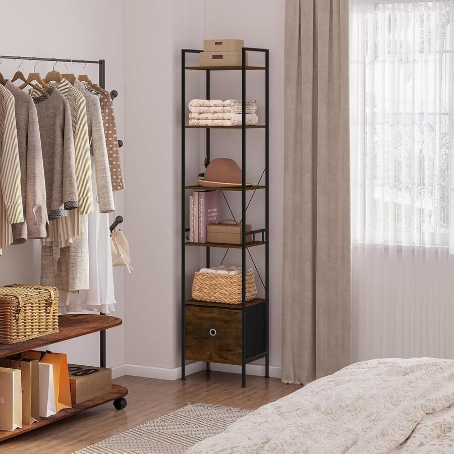 Boekenkast met 5 niveaus hoge hoekplank smalle boekenkast met 1 lade industriële stijl stalen frame voor woonkamer kantoor slaapkamer rustiek bruin + zwart