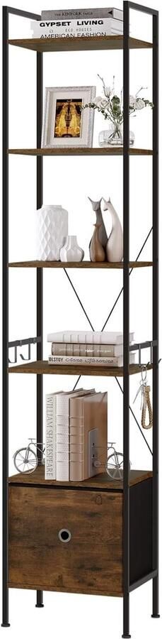 Boekenkast met 5 niveaus hoge hoekplank smalle boekenkast met 1 lade industriële stijl stalen frame voor woonkamer kantoor slaapkamer rustiek bruin + zwart