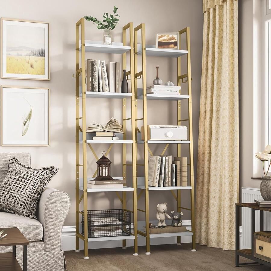 Boekenkast met 5 niveaus industrieel ladderrek vrijstaande boekenkast houten planken en metalen frame boekenkast moderne plank voor woonkamer hal kantoor gouden boekenkast