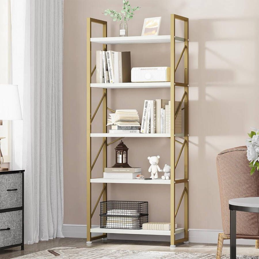 Boekenkast met 5 niveaus industrieel staand rek opbergplanken voor woonkamer boeken slaapkamer kantoor keuken tijdschriften goud
