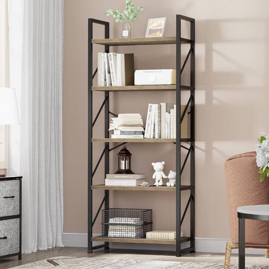 Boekenkast met 5 niveaus industrieel staand rek opbergplanken voor woonkamer boeken slaapkamer kantoor keuken tijdschriften grijs