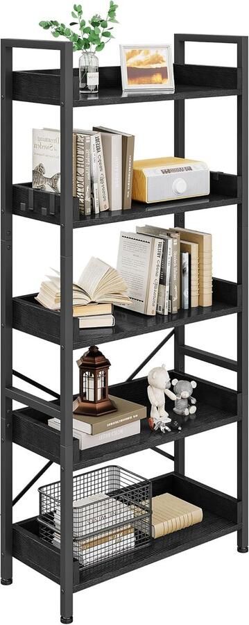 Boekenkast met 5 Niveaus – Industriële Boekenplank met Houten Legplanken & Stalen Frame Zwart