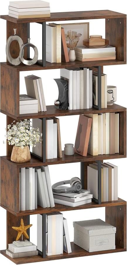 Boekenkast met 5 Niveaus – S-vormige Z-Plank Industriële Stijl met Stalen Frame Rustiek Bruin