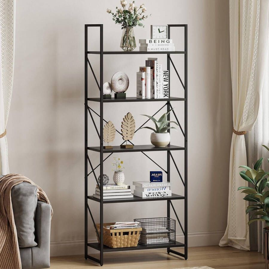 Boekenkast met 5 niveaus staand boekenrek houten rek en metalen frame opbergrek voor woonkamer thuiskantoor zwart