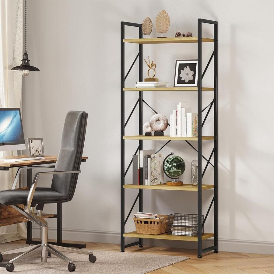 Vrijstaande Boekenkast met 5 Niveaus – Houten Planken en Metalen Frame Houtkleur